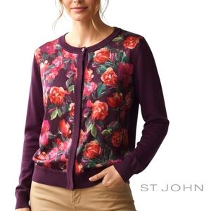 ST. JOHN new Silk Floral Cashmere Wool Plum Cardigan - size P